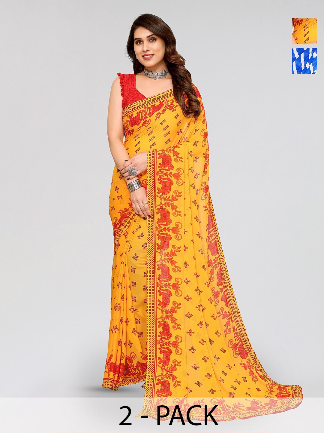 

ANAND SAREES Selection Of 2 Printed Sarees, Blue