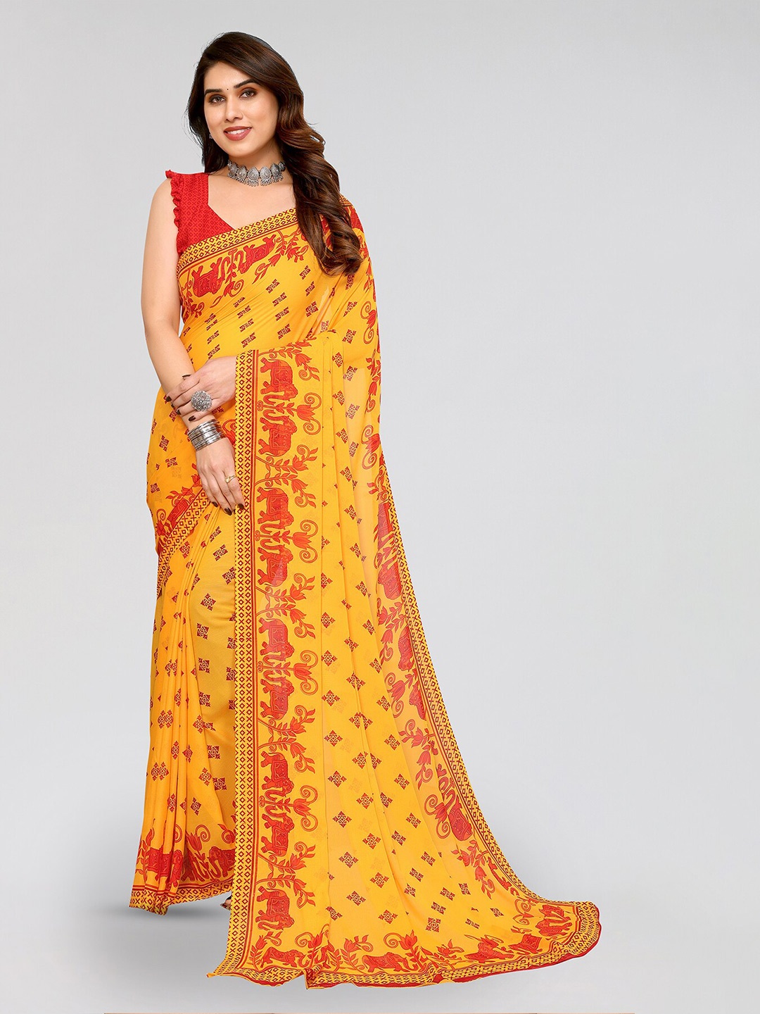 

ANAND SAREES Selection Of 2 Floral Printed Sarees, Yellow