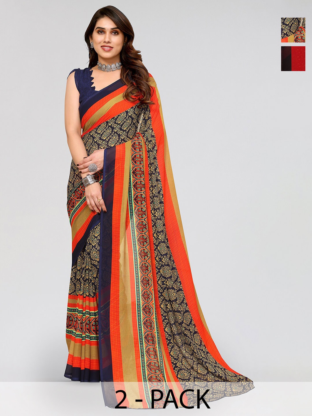 

ANAND SAREES Selection of 2 Ethnic Motifs Printed Sarees, Black