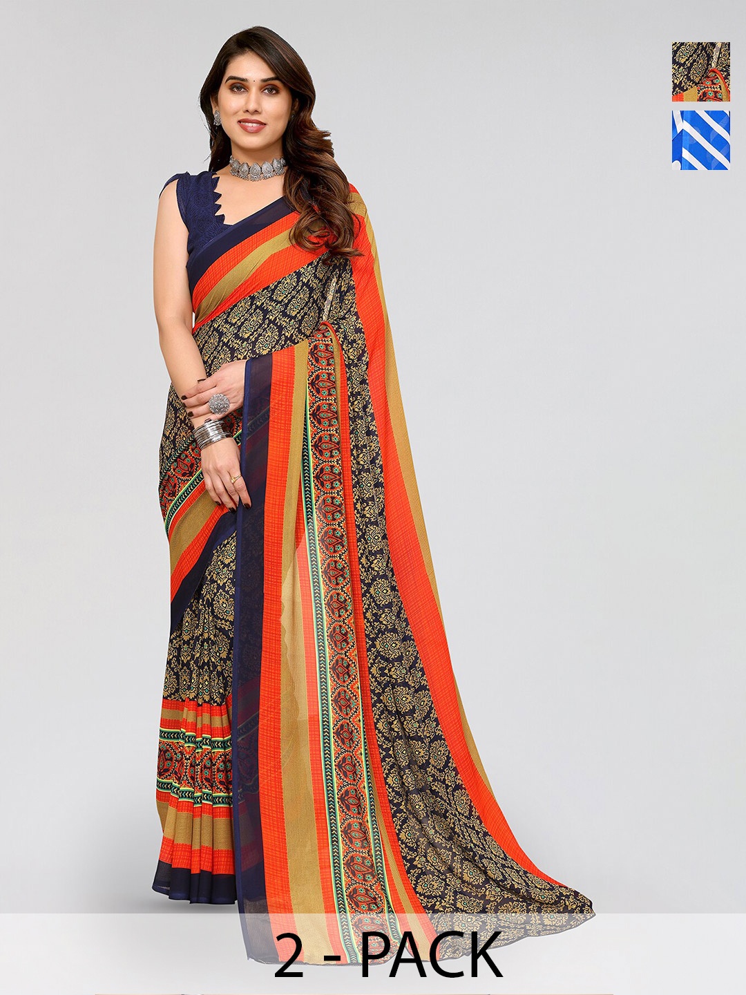 

ANAND SAREES Selection Of 2 Striped Printed Sarees, White