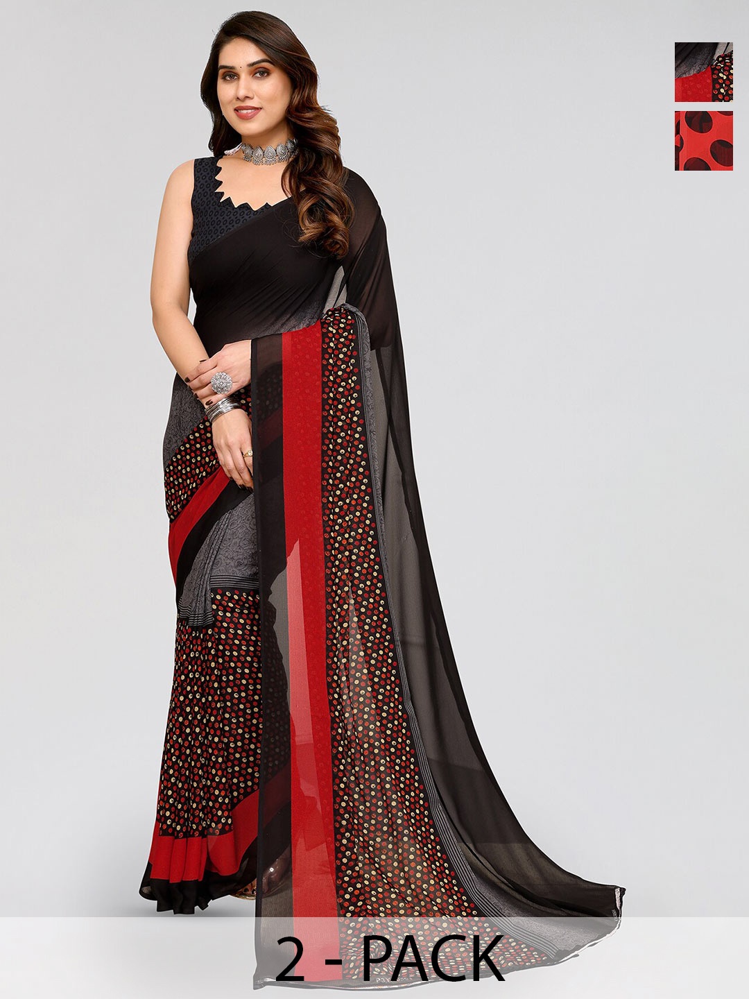 

ANAND SAREES Selection of 2 Polka Dots Printed Sarees, Red