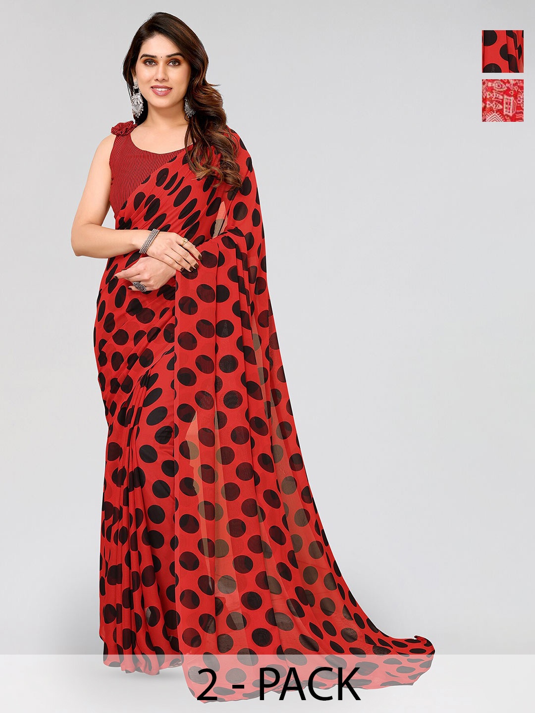 

ANAND SAREES Selection Of 2 Polka Dot Printed Saree, Black