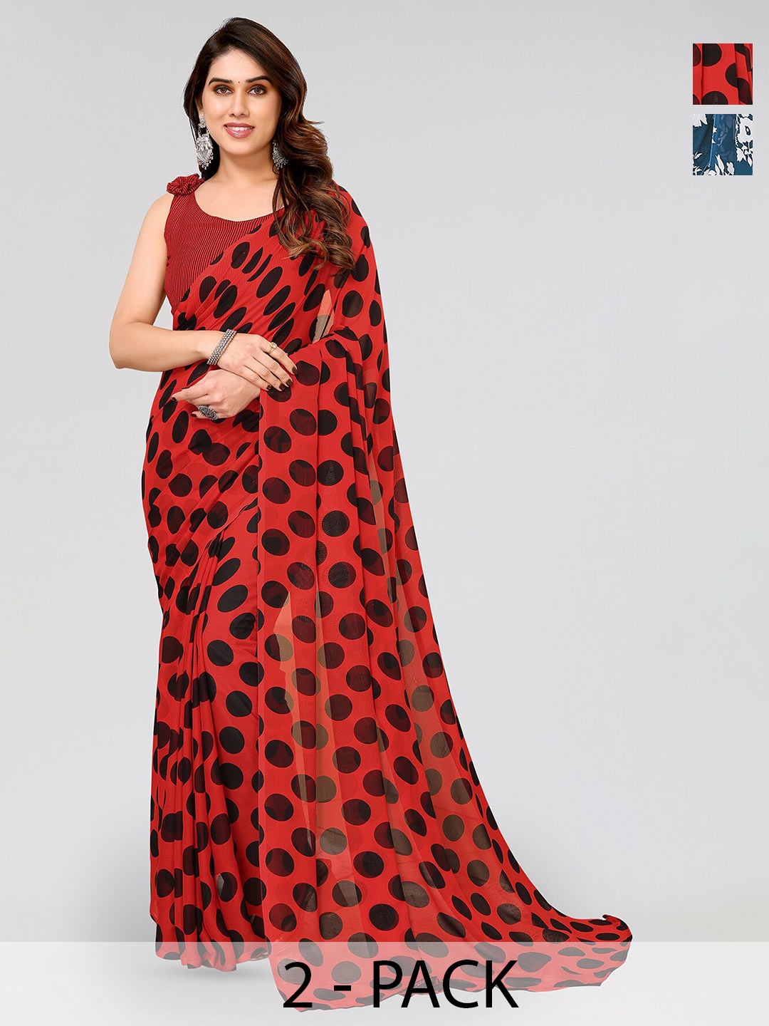 

ANAND SAREES Selection of 2 Floral Printed Sarees, Red