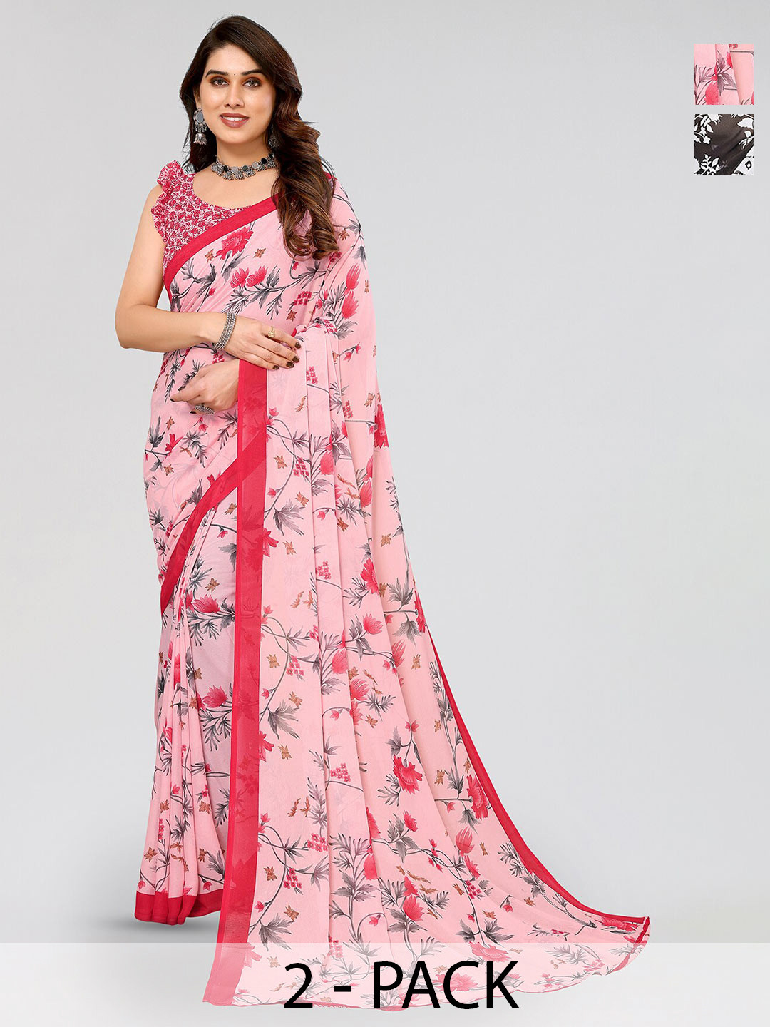 

ANAND SAREES Selection of 2 Floral Printed Saree, Pink