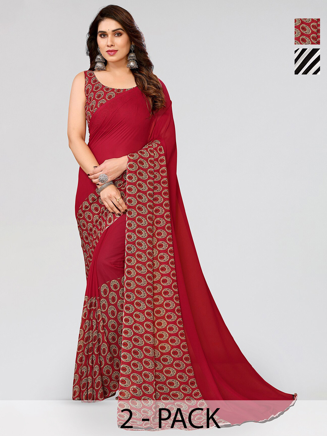 

ANAND SAREES Selection of 2 Striped Printed Saree, Black