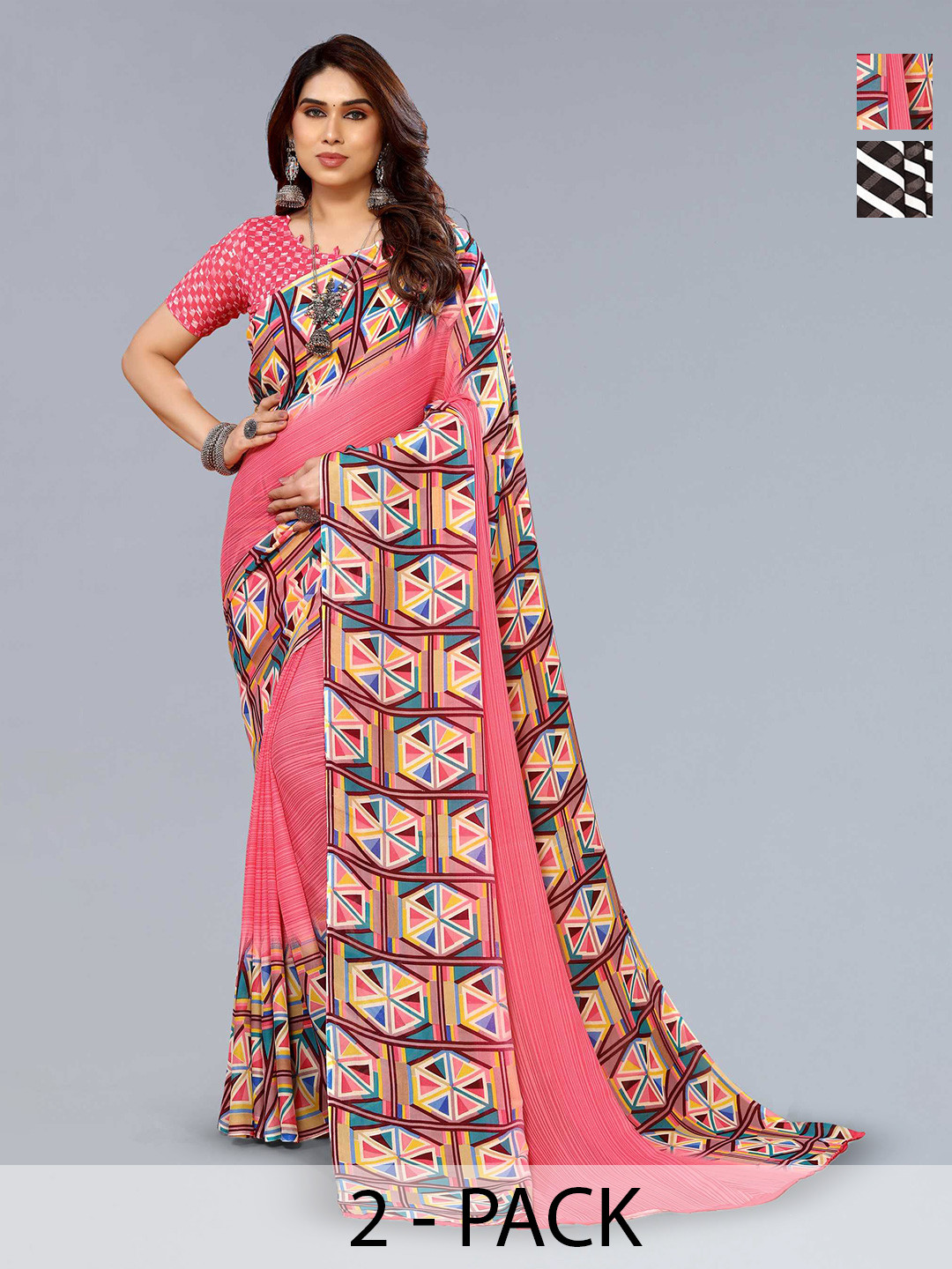 

ANAND SAREES Selection Of 2 Printed Poly Georgette Sarees, Pink