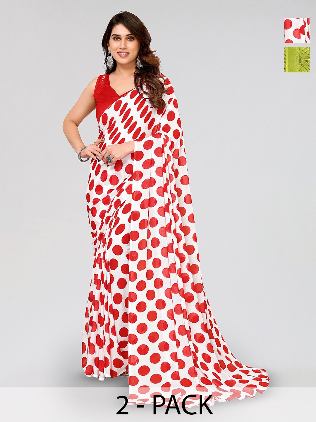 

ANAND SAREES Selection Of 2 Polka Dots Printed Sarees, White