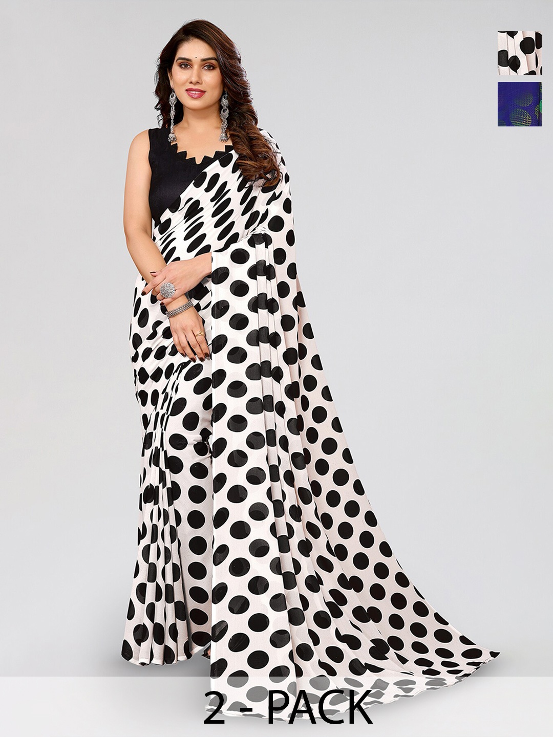 

ANAND SAREES Selection of 2 Polka Dots Printed Sarees, White