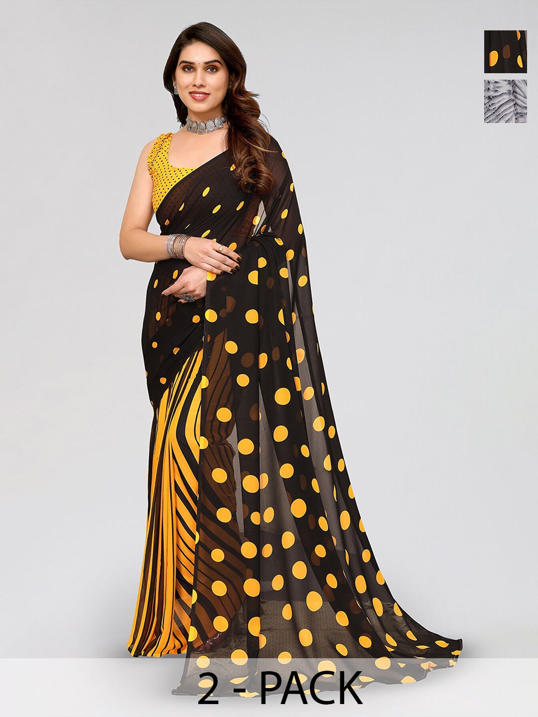 

ANAND SAREES Selection of 2 Polka Dot Printed Saree, Black