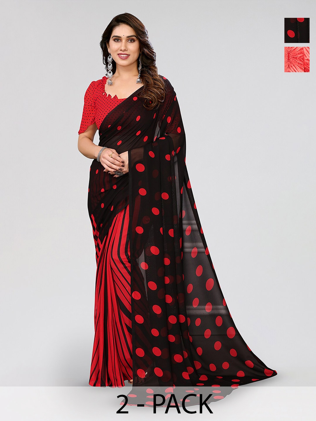 

ANAND SAREES Selection of 2 Polka Dot Printed Saree, Red