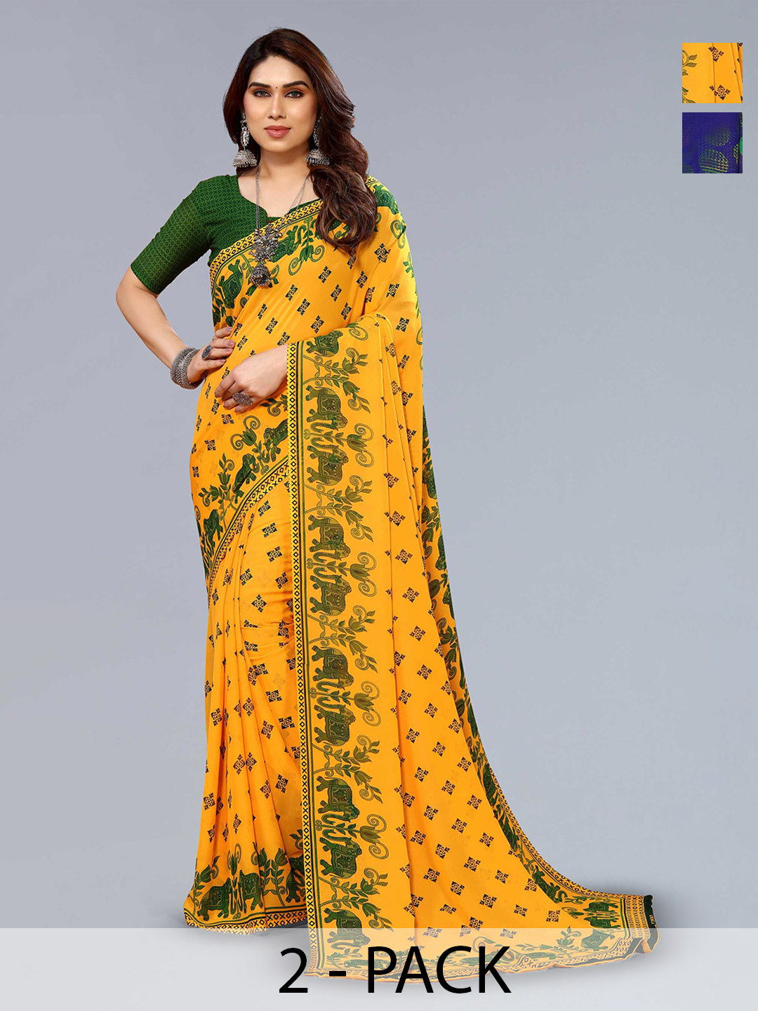 

ANAND SAREES Selection of 2 Floral Printed Sarees, Blue