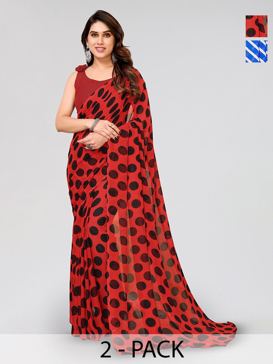 

ANAND SAREES Selection Of 2 Polka Dots Printed Sarees, Blue