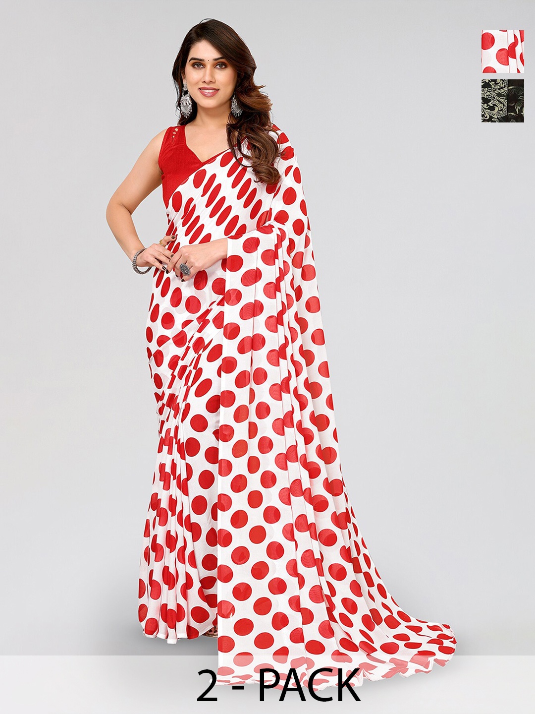 

ANAND SAREES Selection Of 2 Polka Dot Printed Saree, White