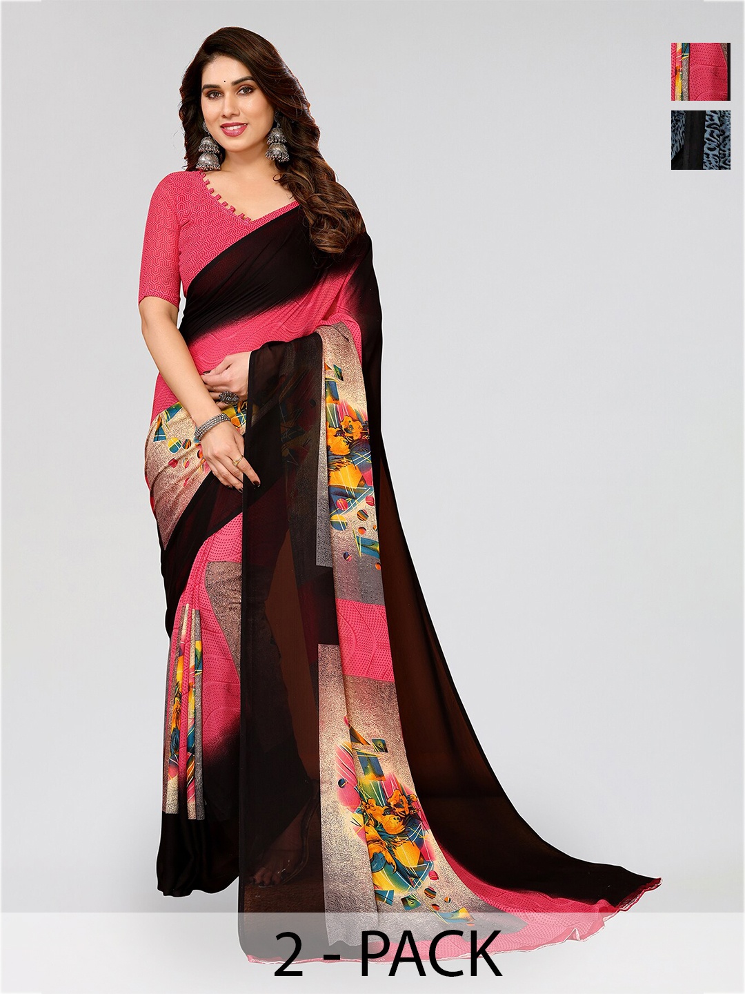 

ANAND SAREES Selection of 2 Abstract Printed Sarees, Black