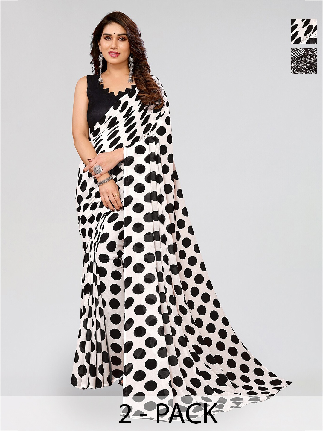 

ANAND SAREES Selection Of 2 Polka Dot Poly Printed Saree, White