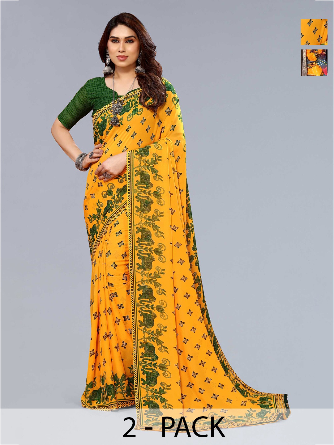 

ANAND SAREES Selection Of 2 Printed Saree, Yellow