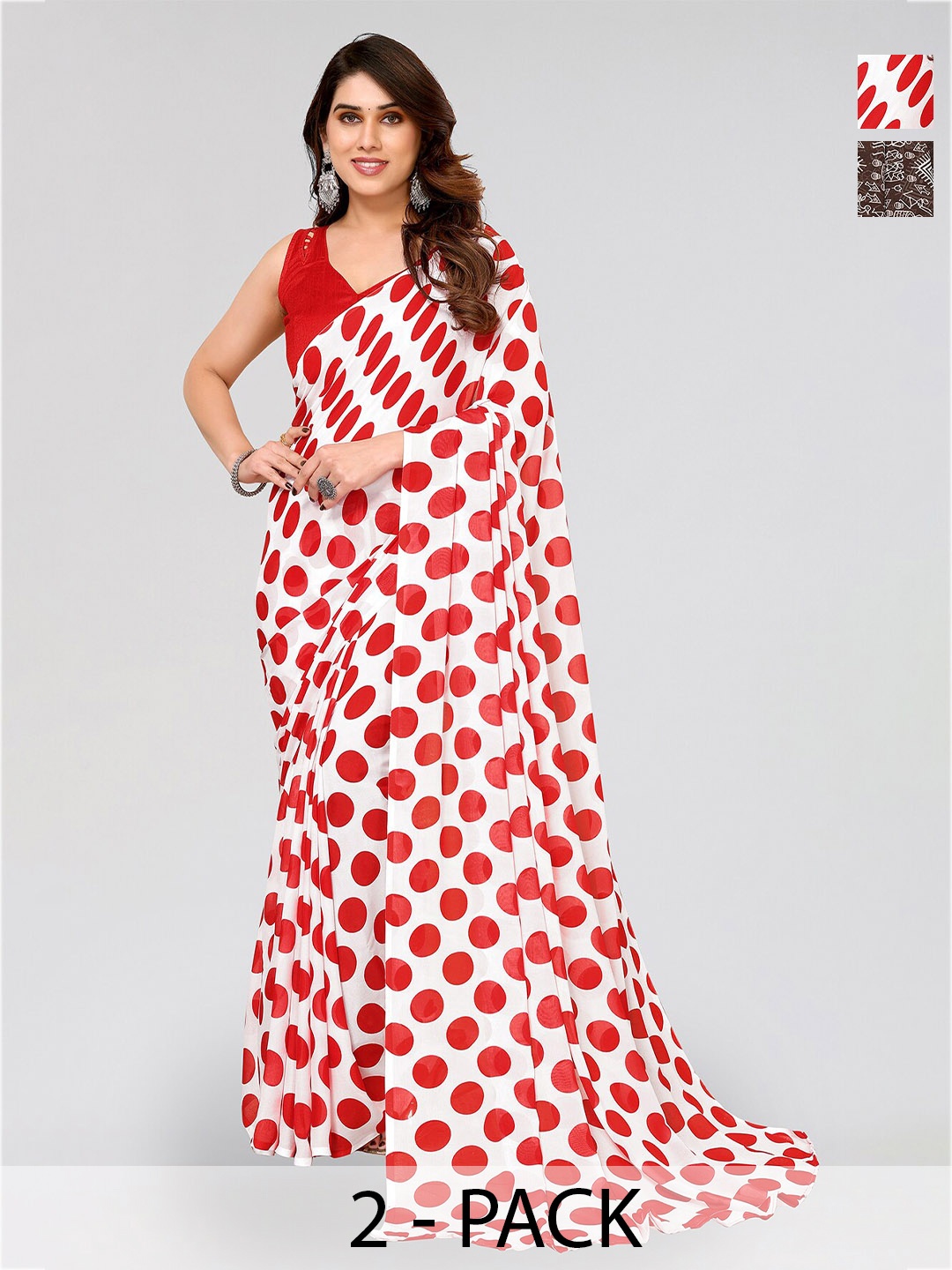 

ANAND SAREES Selection of 2 Polka Dots Printed Sarees, White