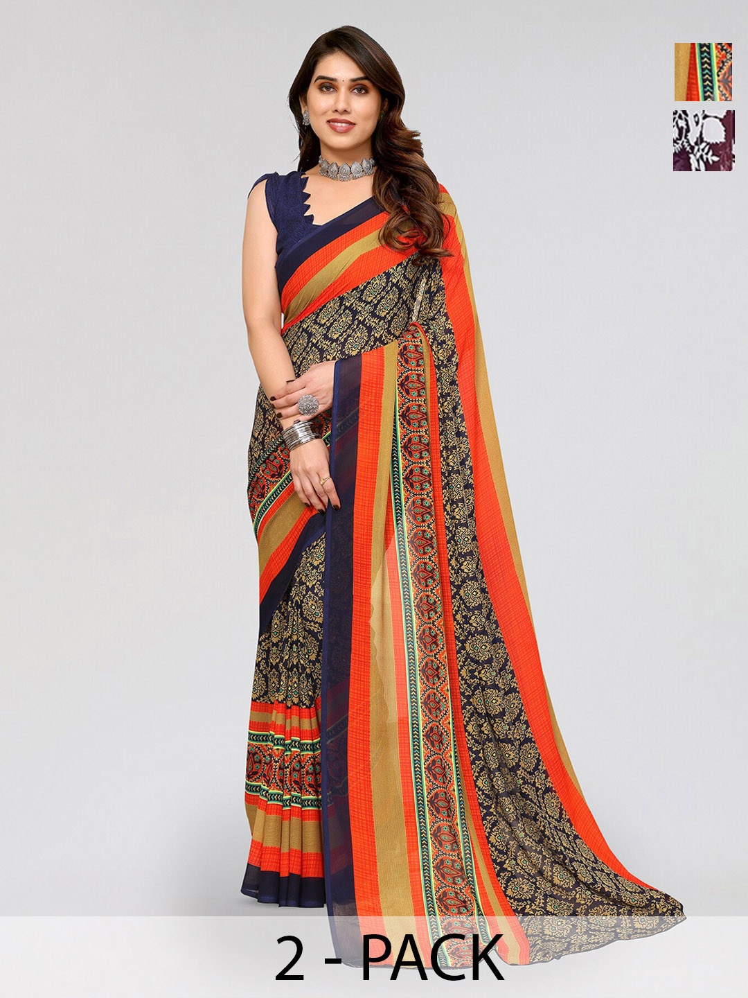 

ANAND SAREES Selection Of 2 Ethnic Motifs Printed Sarees, Navy blue