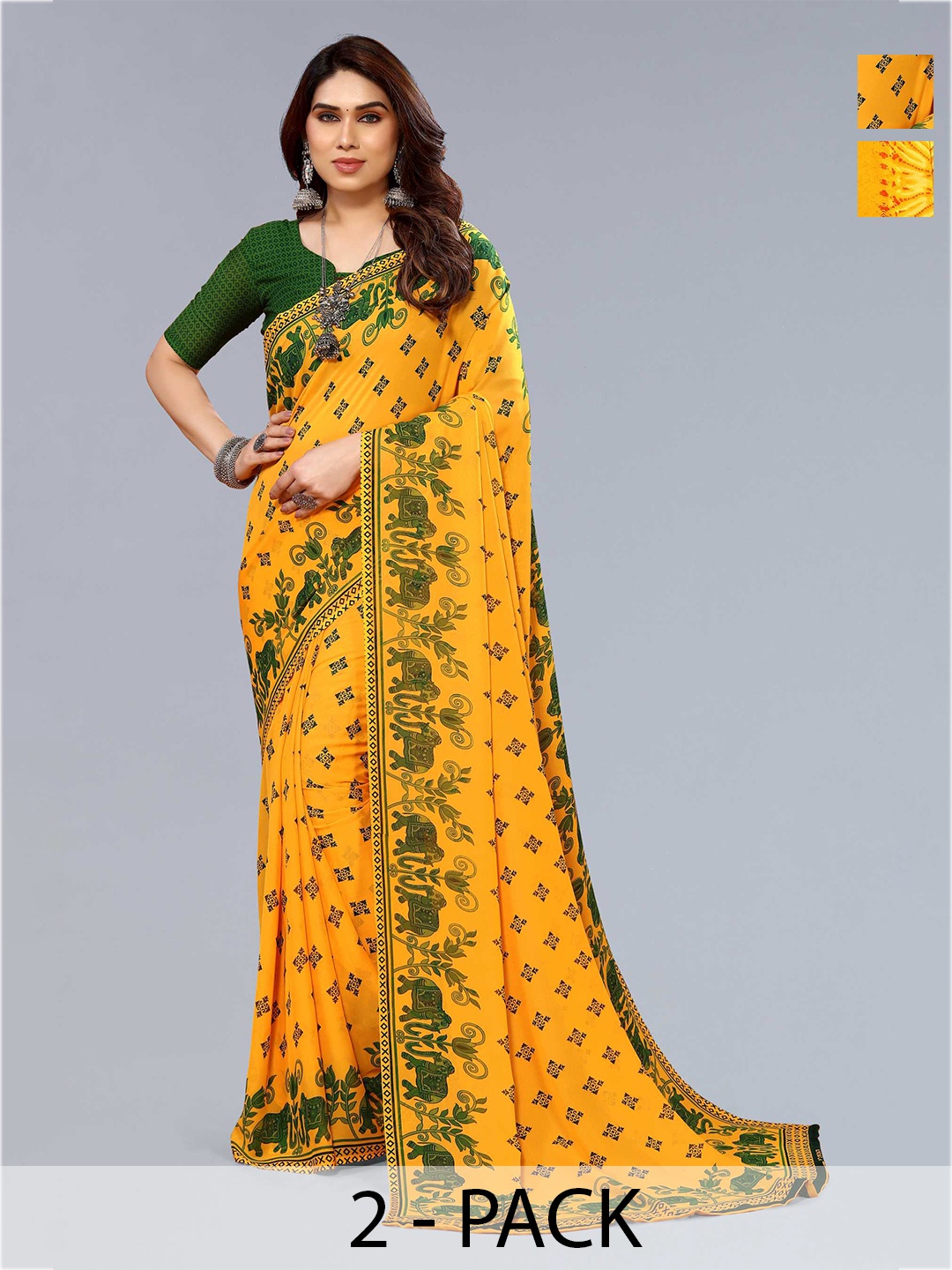 

ANAND SAREES Selection Of 2 Ethnic Motifs Sarees, Green