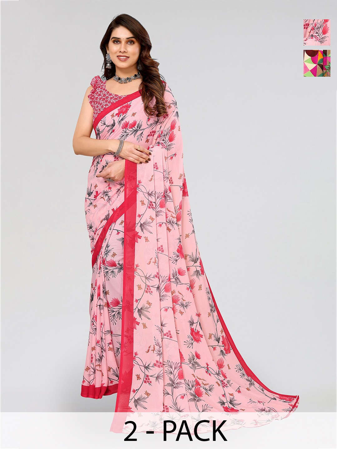 

ANAND SAREES Selection of 2 Floral Printed Sarees, Pink