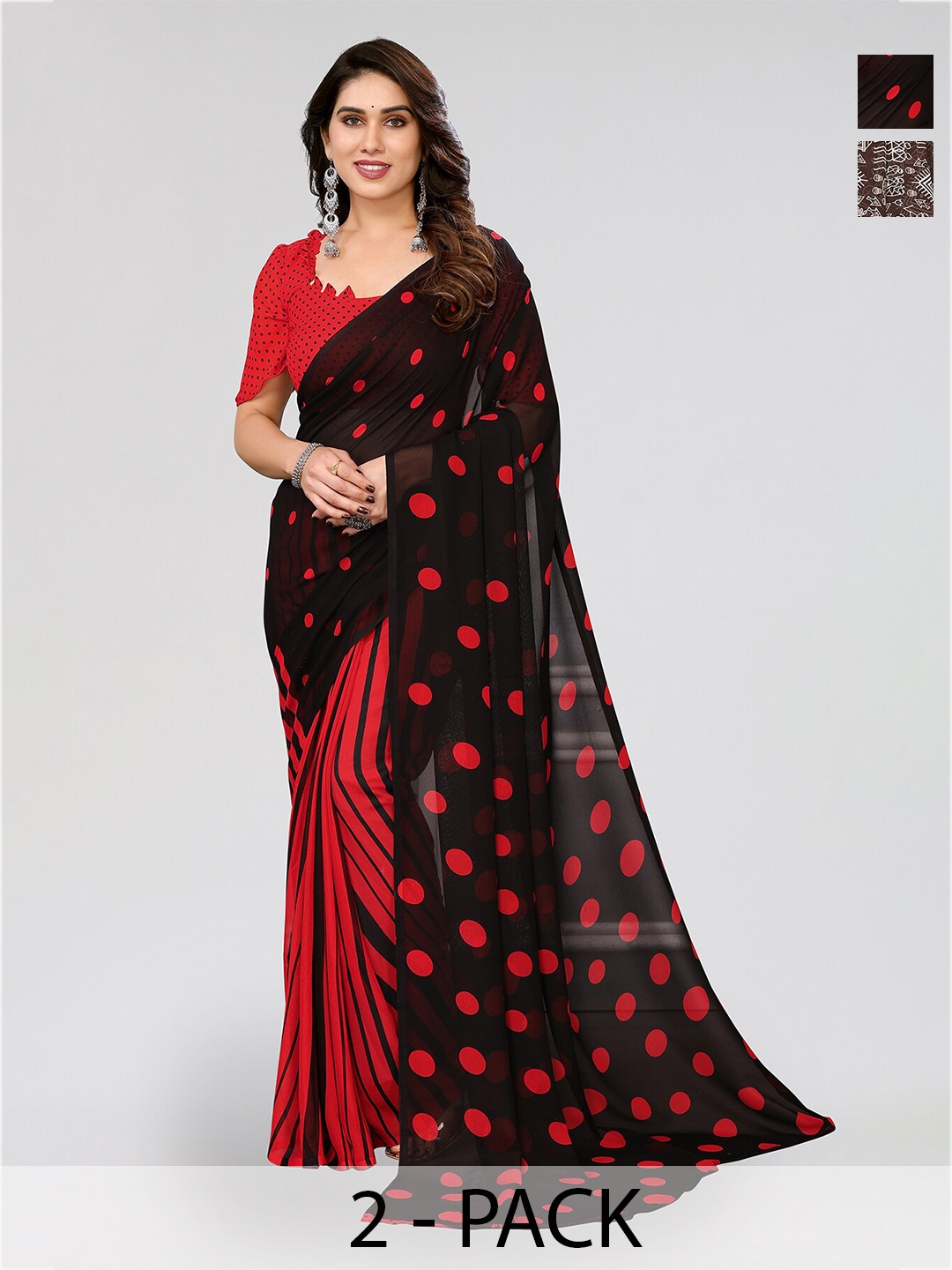 

ANAND SAREES Selection of 2 Polka Dots Printed Sarees, Black