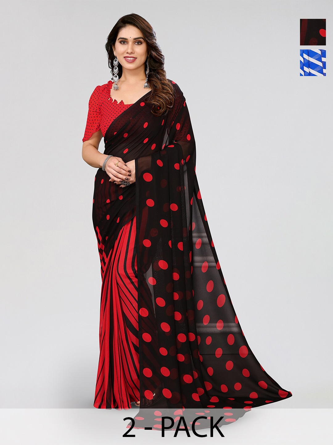 

ANAND SAREES Selection of 2 Polka Dot Printed Saree, Blue