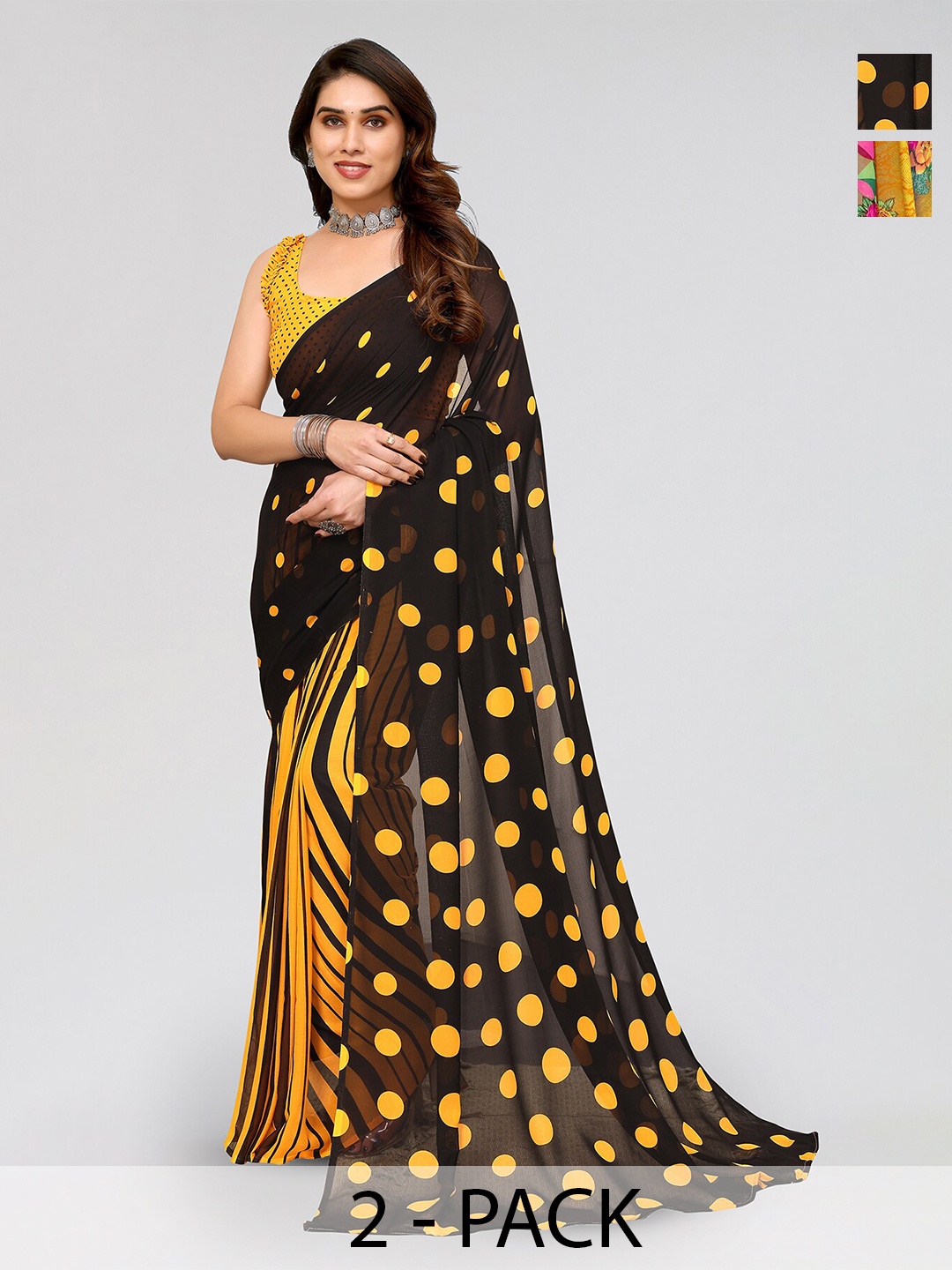 

ANAND SAREES Selection Of 2 Printed Sarees, Black