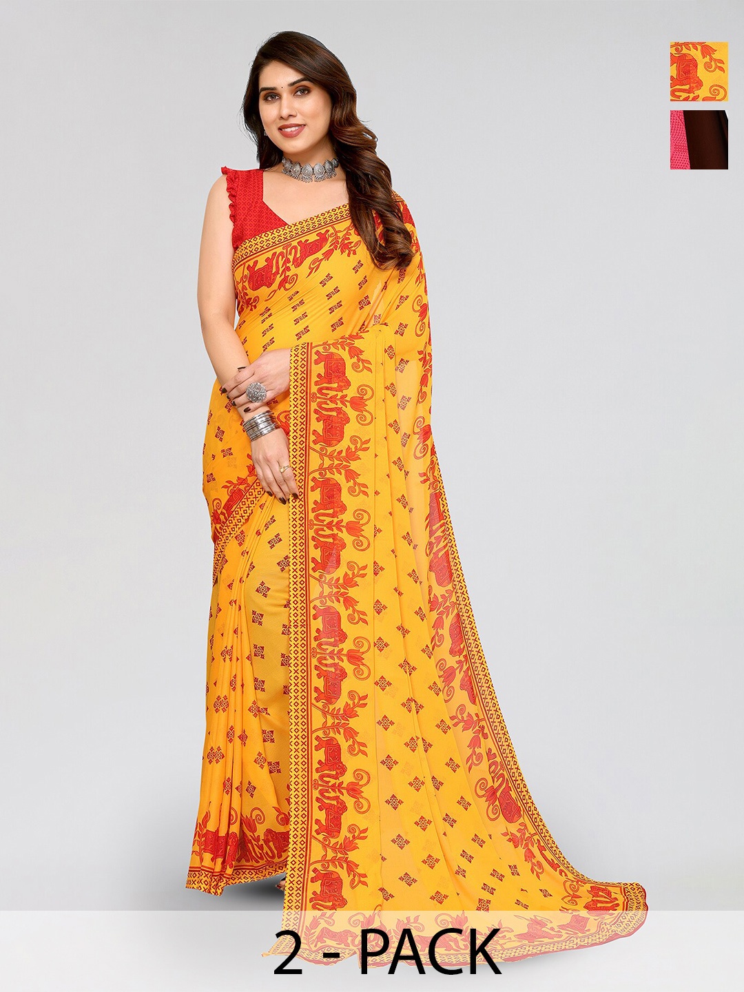 

ANAND SAREES Selection of 2 Ethnic Motifs Printed Sarees, Yellow