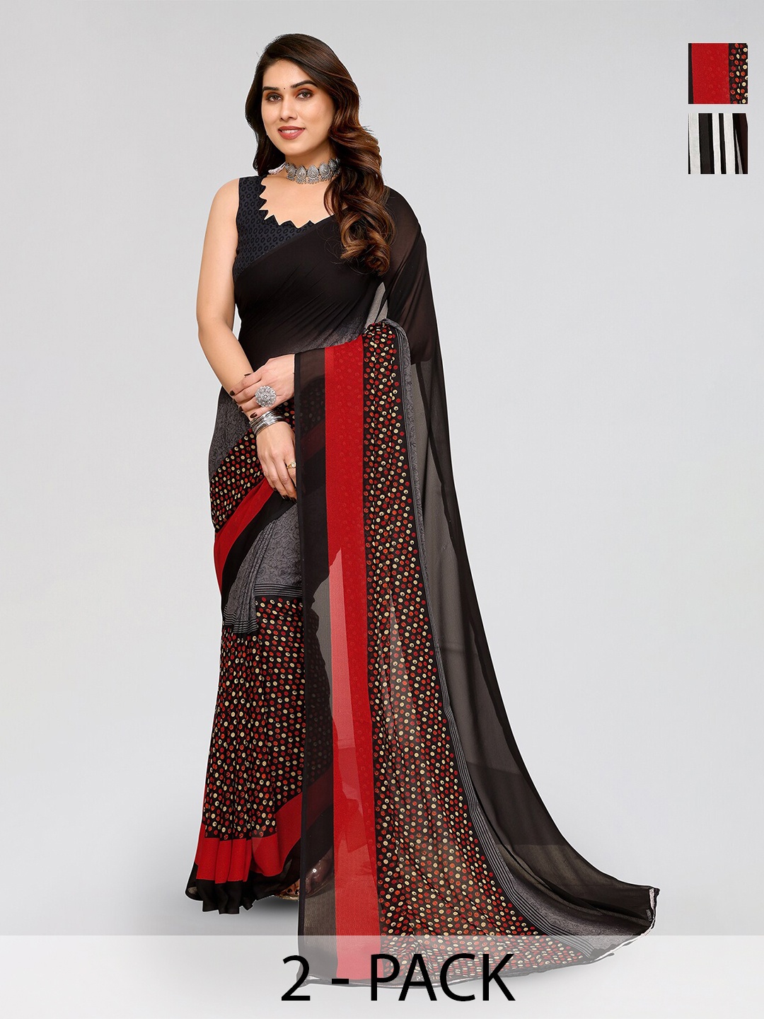 

ANAND SAREES Selection Of 2 Printed Sarees, Black