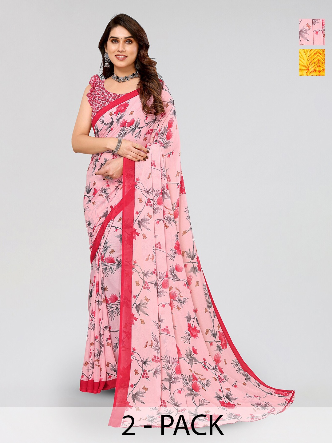 ANAND SAREES Selection of 2 Printed Georgette Saree, Pink