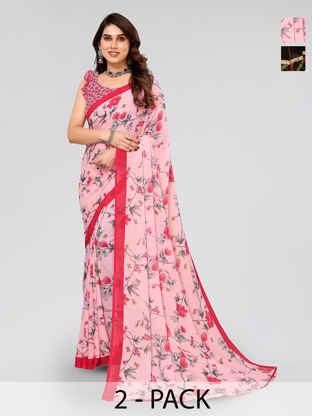 

ANAND SAREES Selection of 2 Floral Printed Sarees, Peach