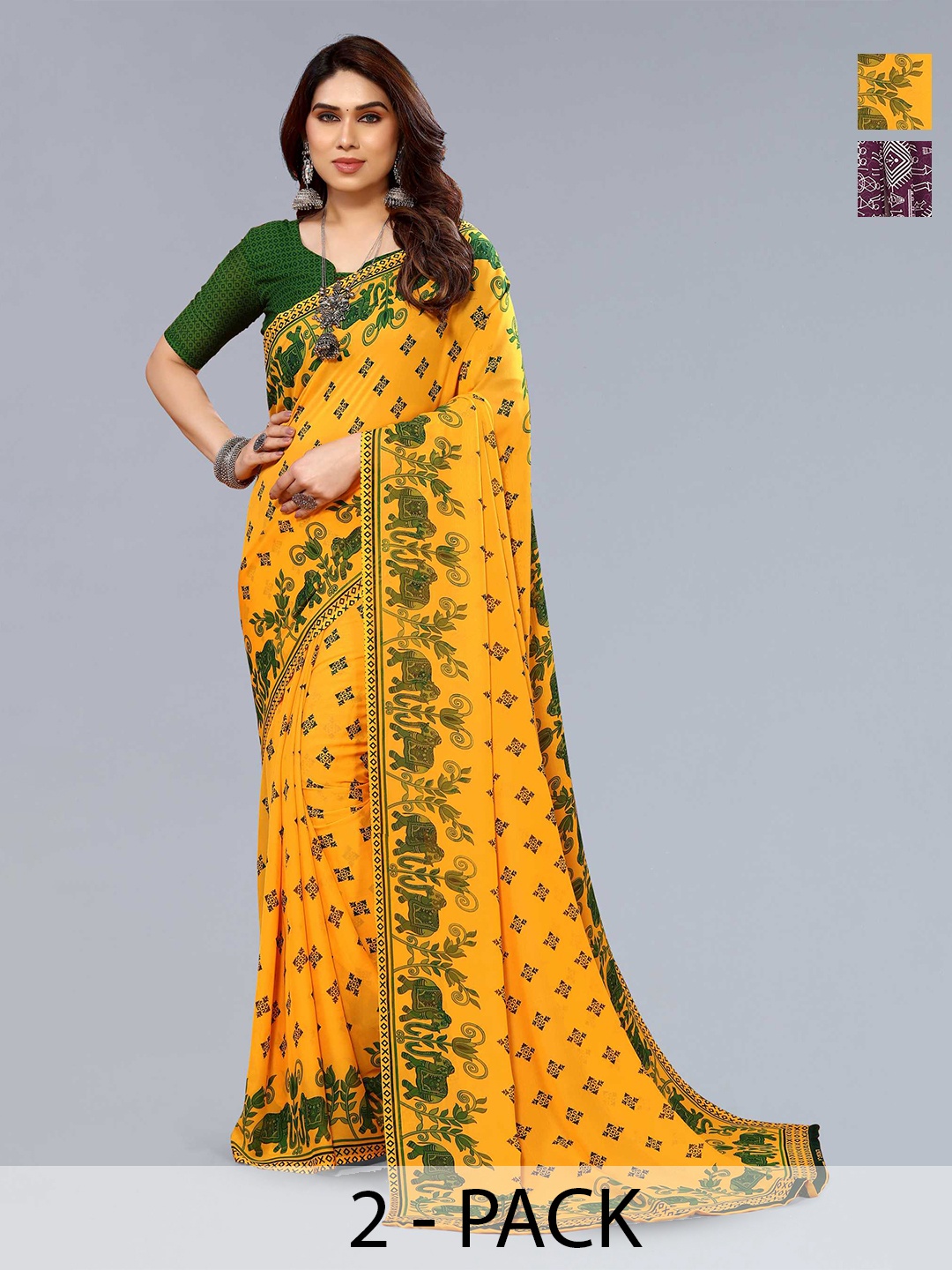 

ANAND SAREES Selection of 2 Ethnic Motifs Printed Sarees, Yellow