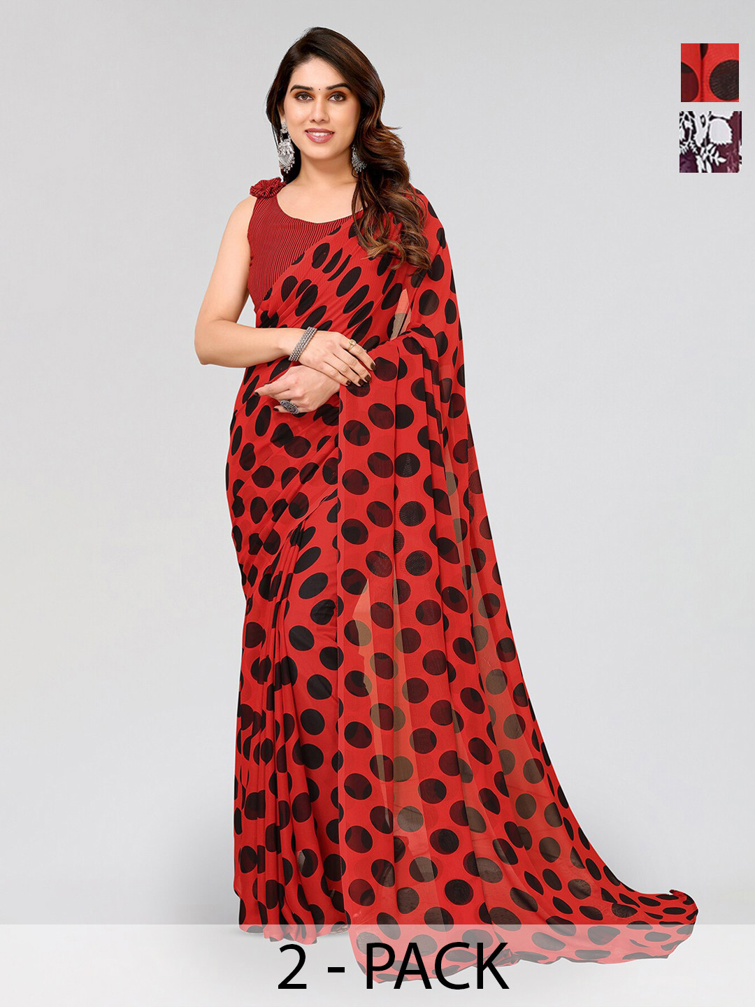 

ANAND SAREES Selection Of 2 Polka Dot Printed Sarees, Burgundy