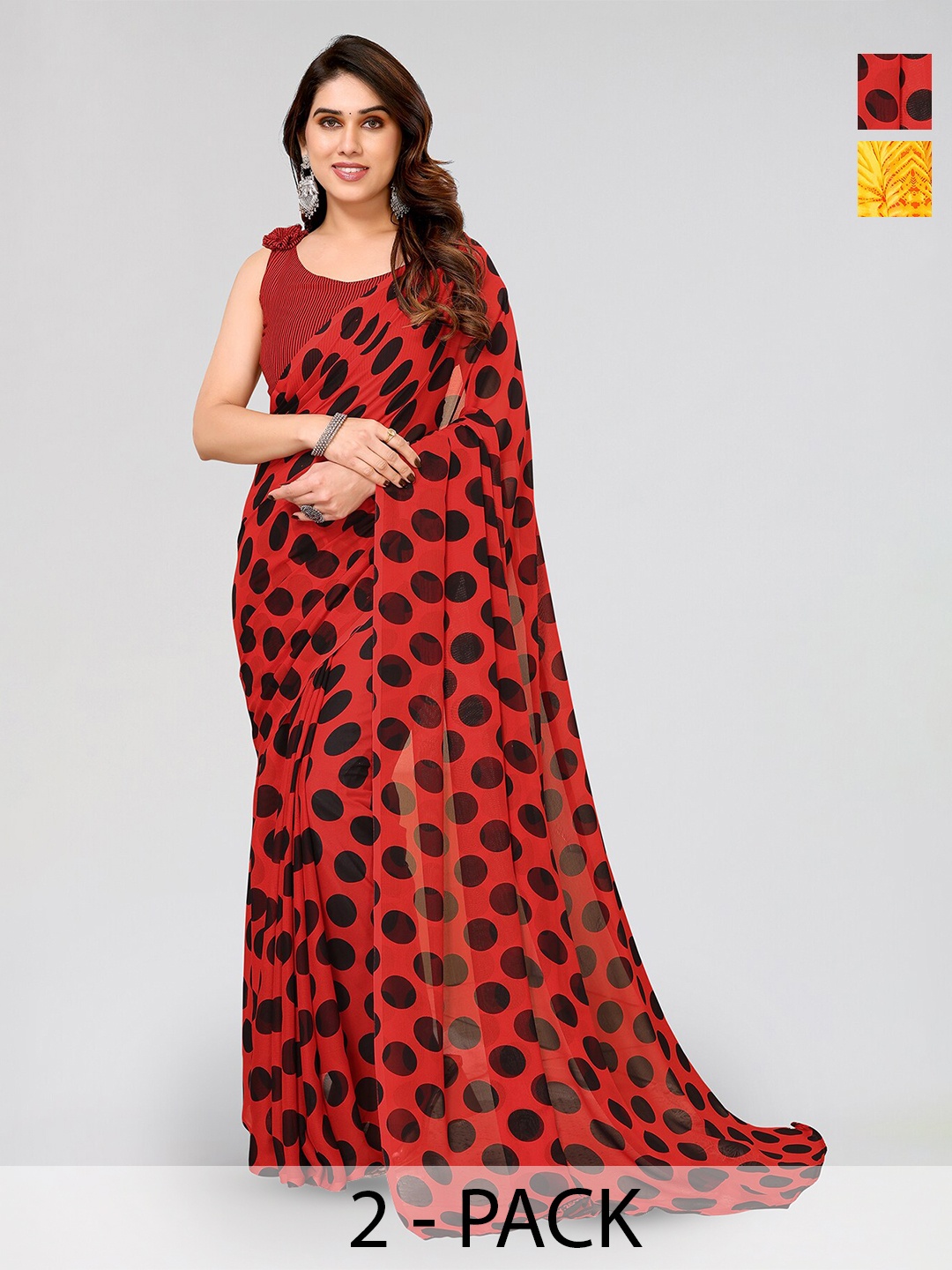 

ANAND SAREES Selection Of 2 Polka Dot Printed Sarees, Red