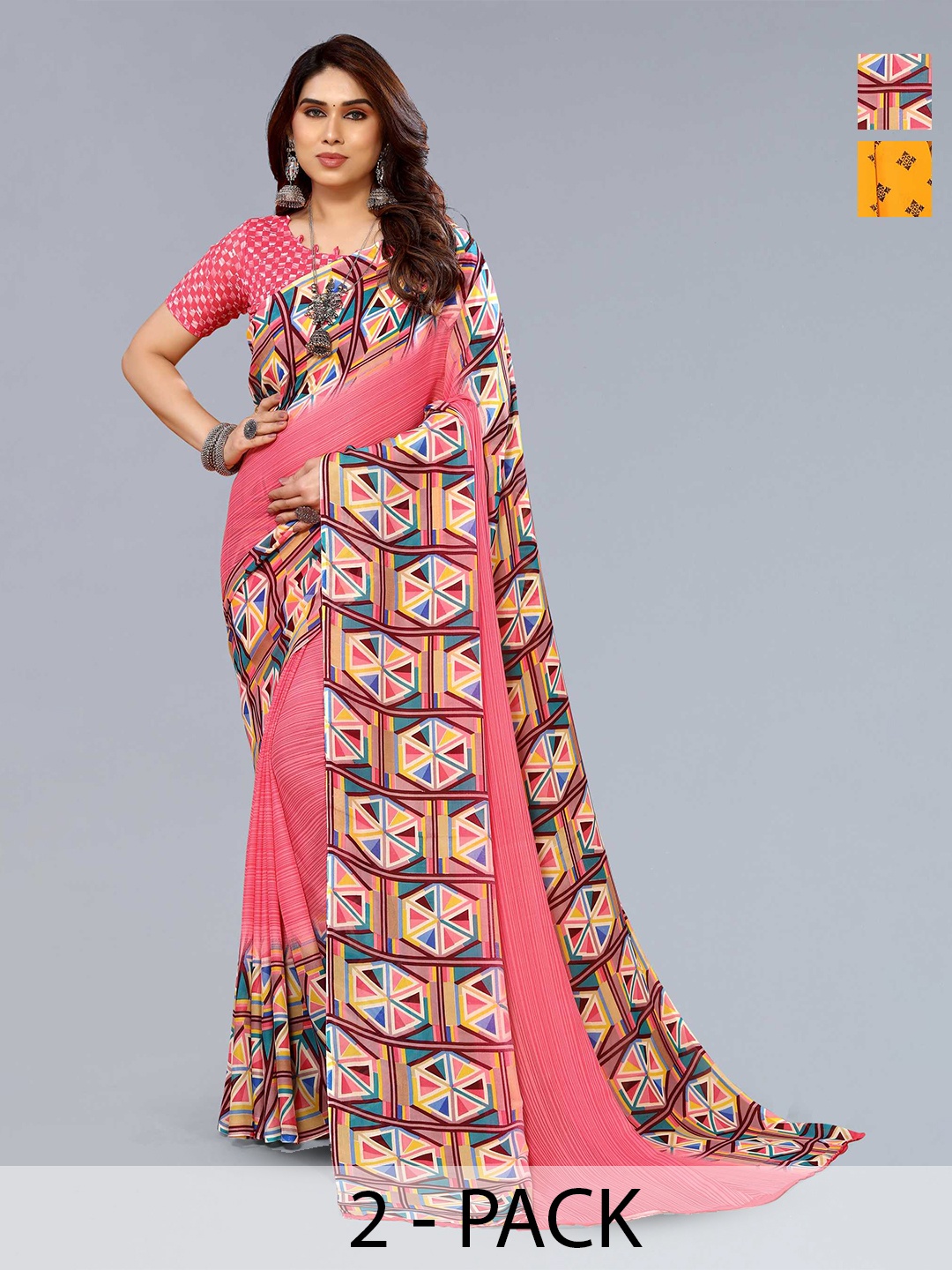 

ANAND SAREES Selection of 2 Geometric Printed Sarees, Pink