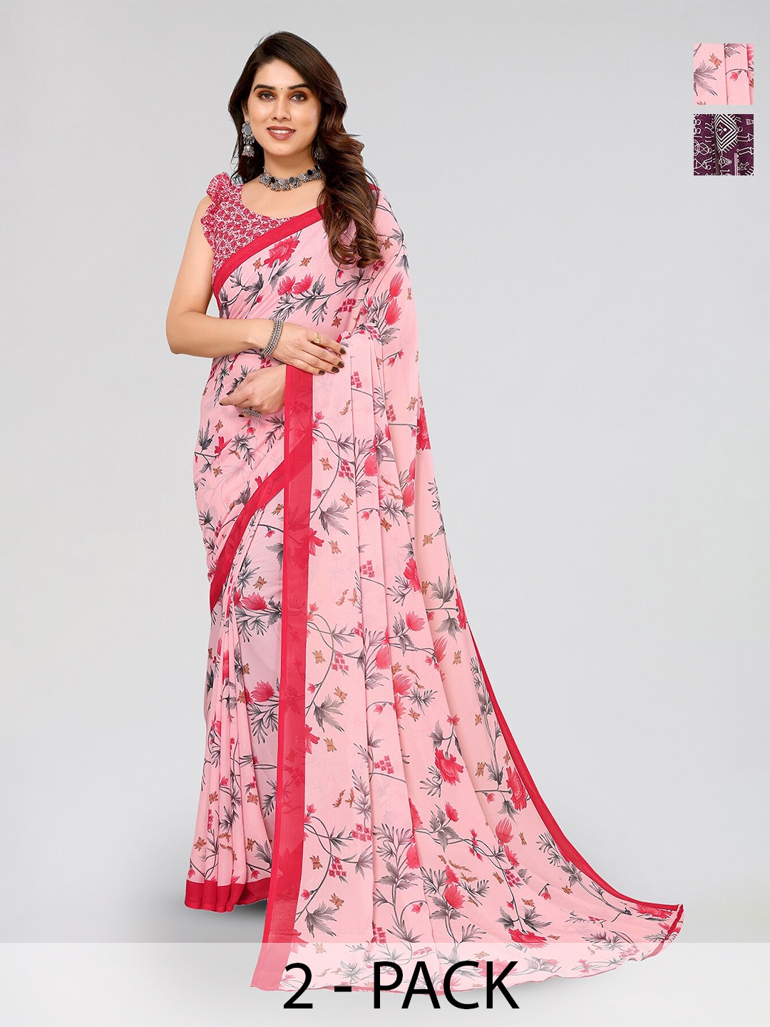 

ANAND SAREES Selection Of 2 Floral Printed Saree, Pink