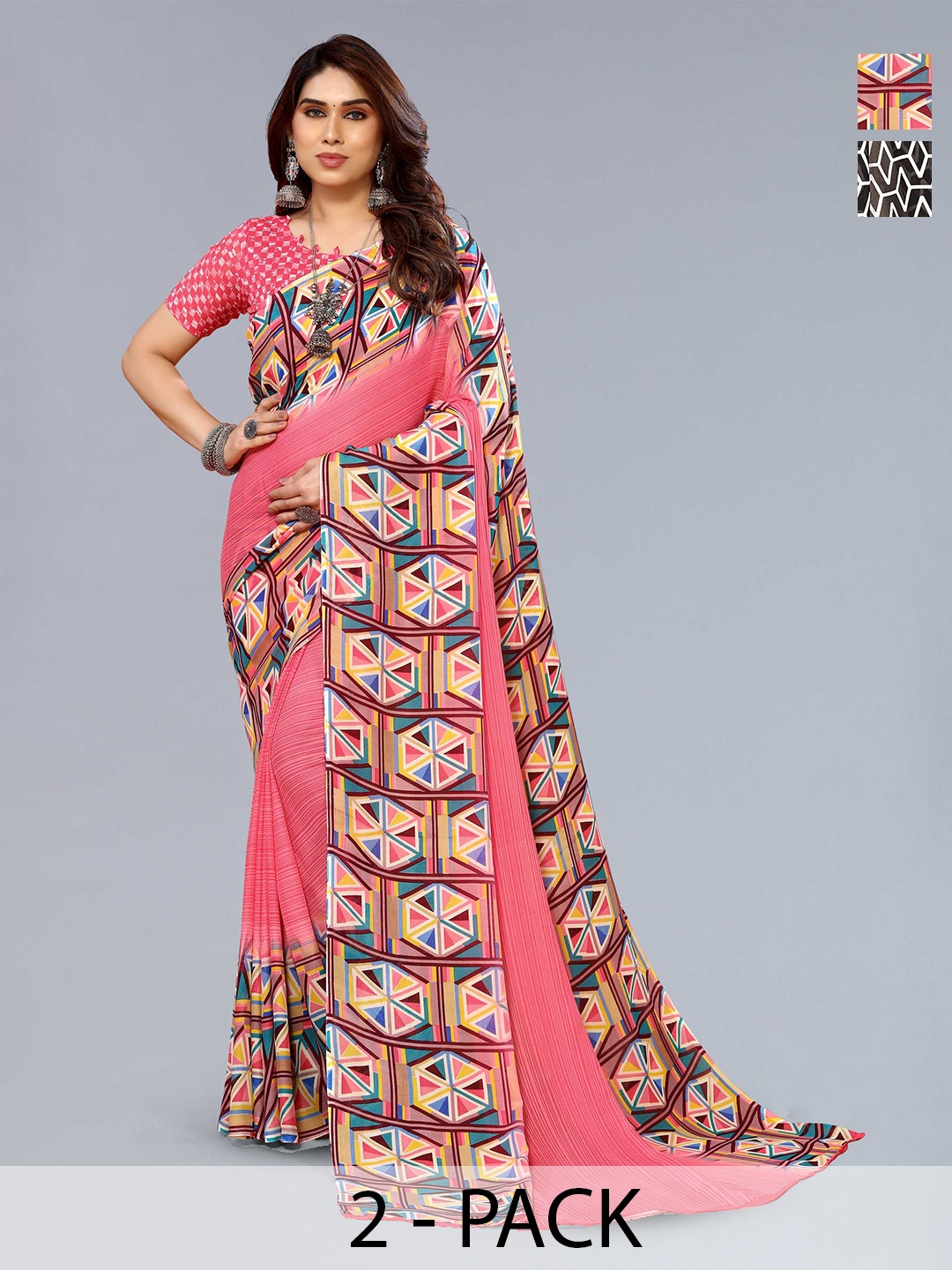 ANAND SAREES Selection of 2 Geometric Printed Sarees, White