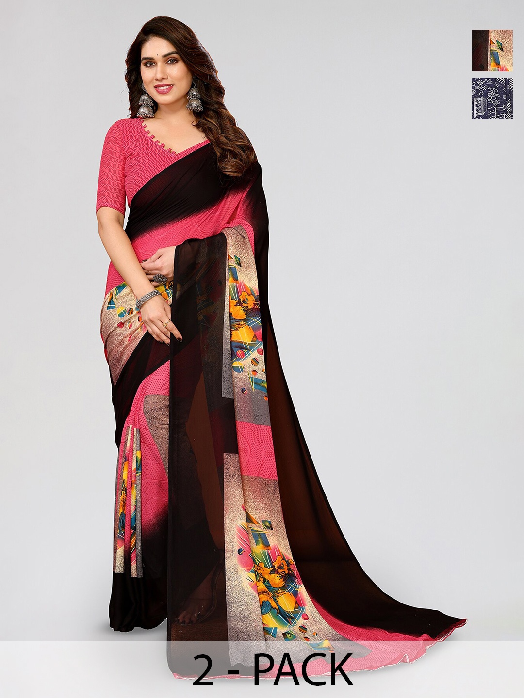 

ANAND SAREES Selection of 2 Geometric Printed Sarees, Blue