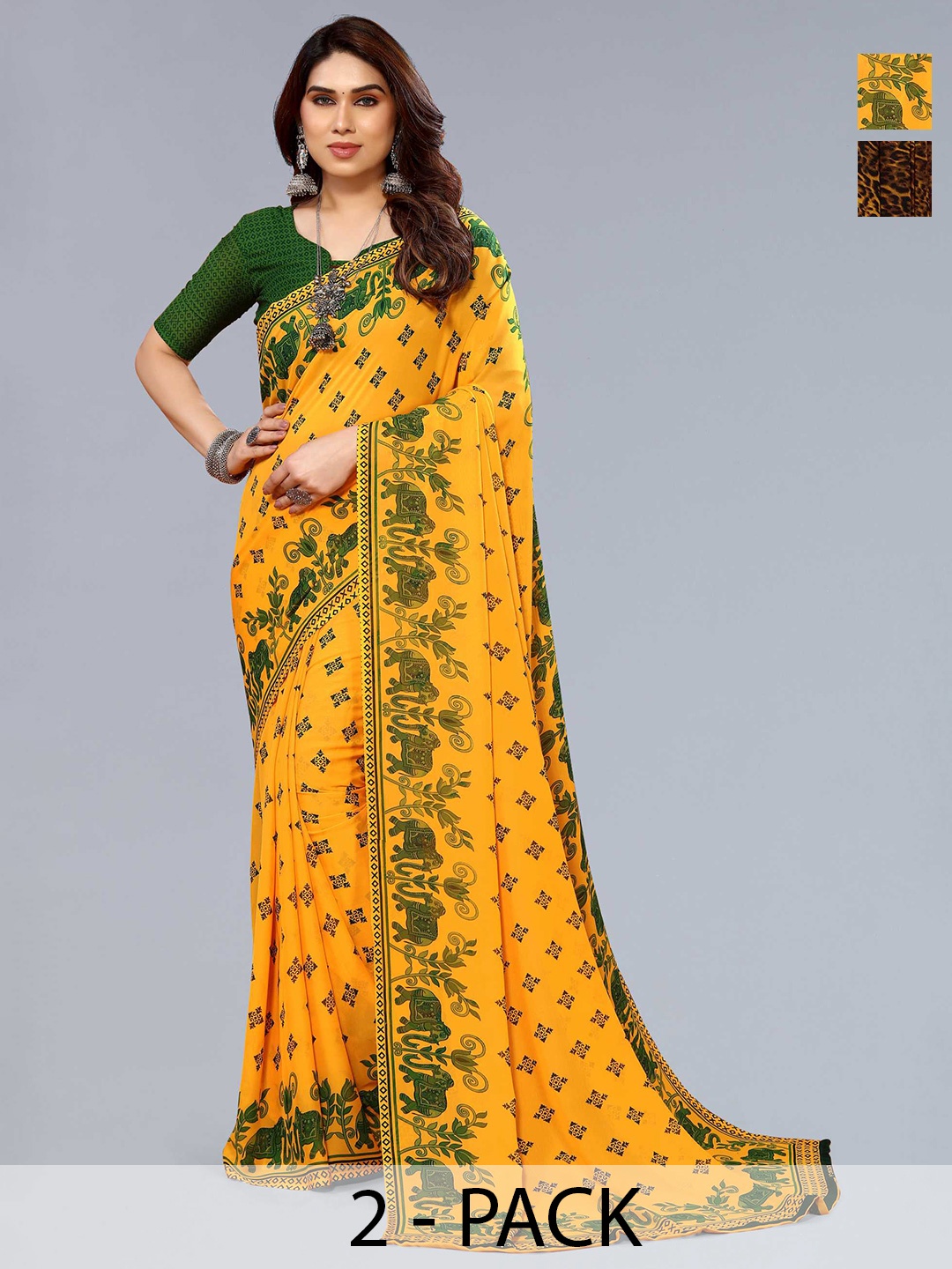 

ANAND SAREES Selection of 2 Ethnic Motifs Printed Sarees, Yellow