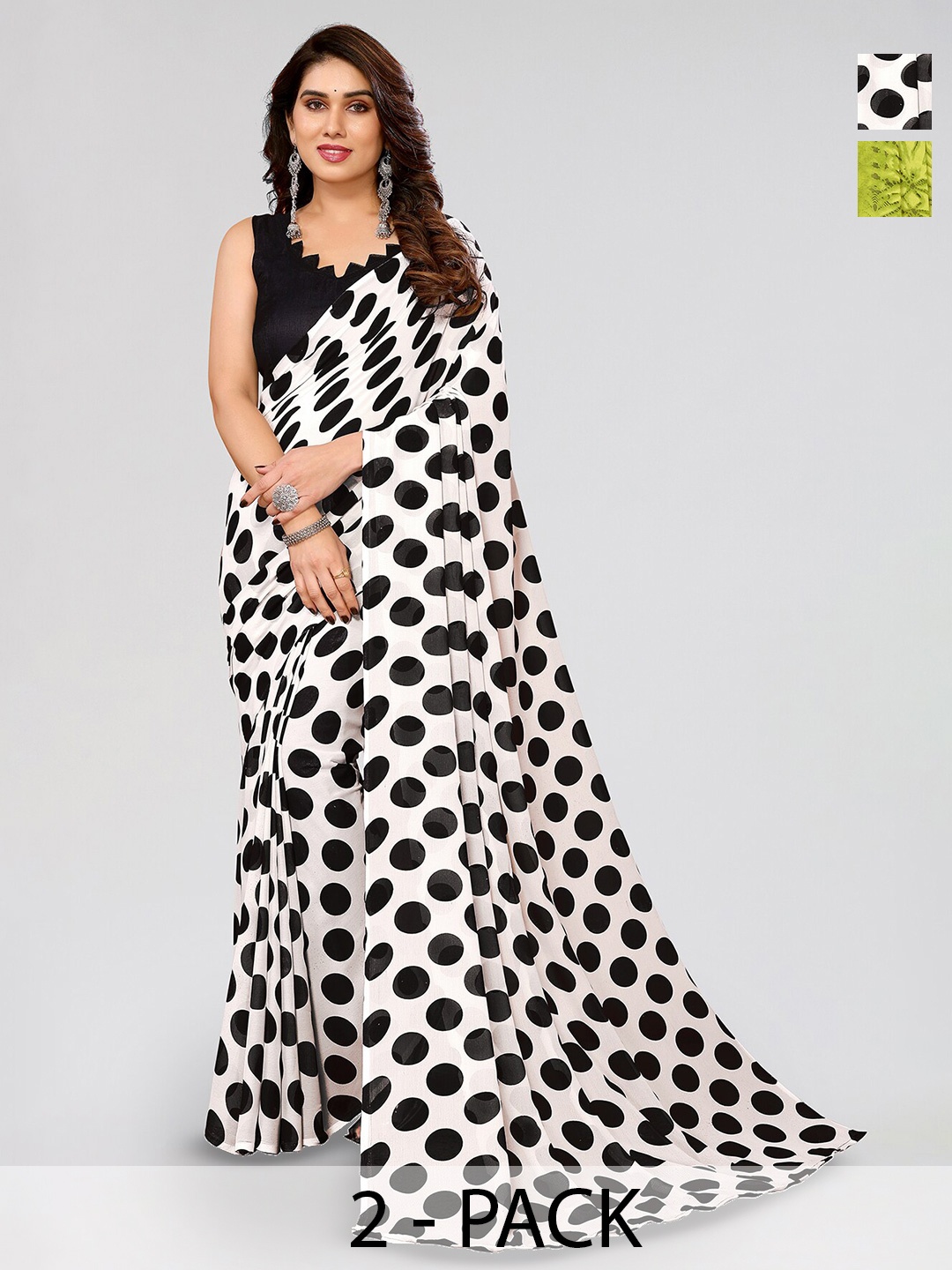 

ANAND SAREES Selection of 2 Polka Dots Printed Sarees, Black