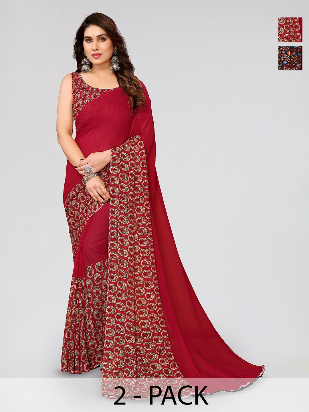 

ANAND SAREES Selection of 2 Geometric Printed Saree, Red