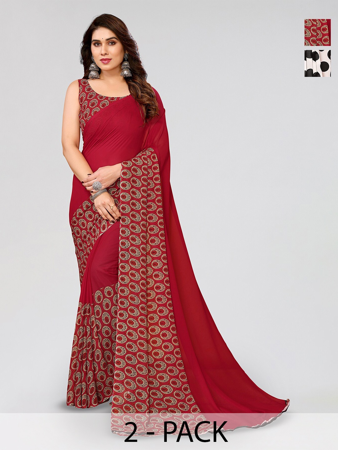 

ANAND SAREES Selection Of 2 Polka Dot Printed Saree, White