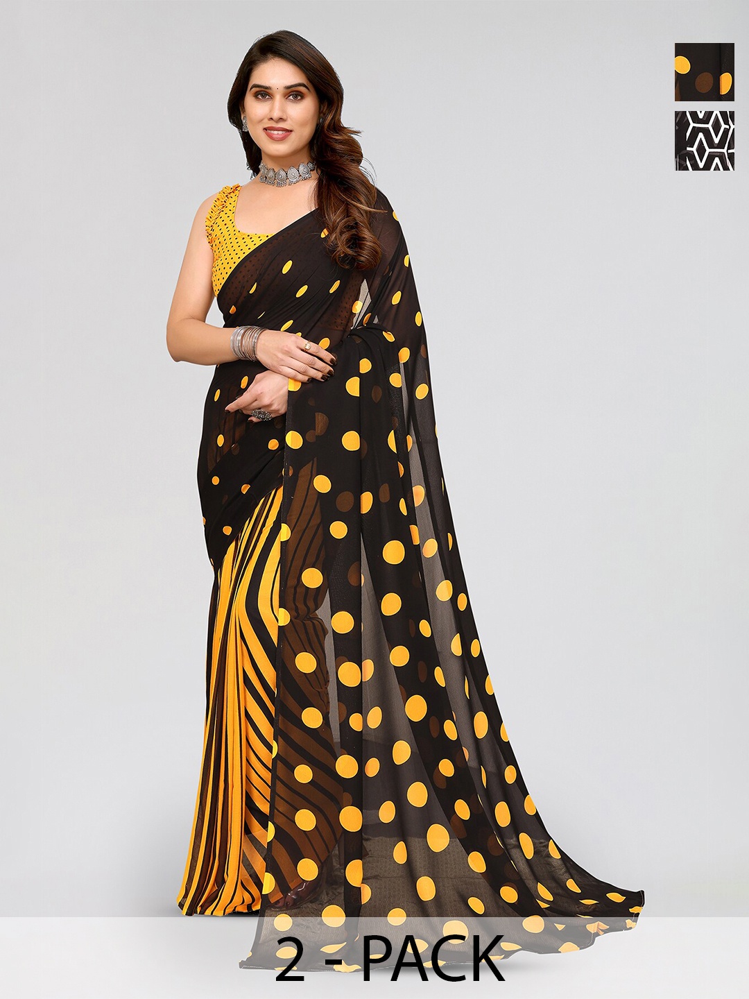 

ANAND SAREES Selection of 2 Polka Dot Printed Saree, Black