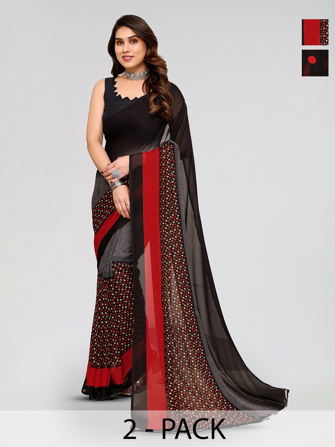 

ANAND SAREES Selection Of 2 Polka Dots Printed Saree, Black
