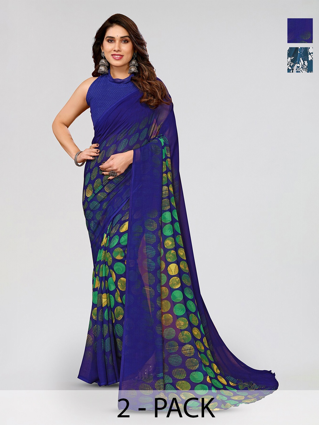 

ANAND SAREES Selection of 2 Floral Printed Sarees, Blue