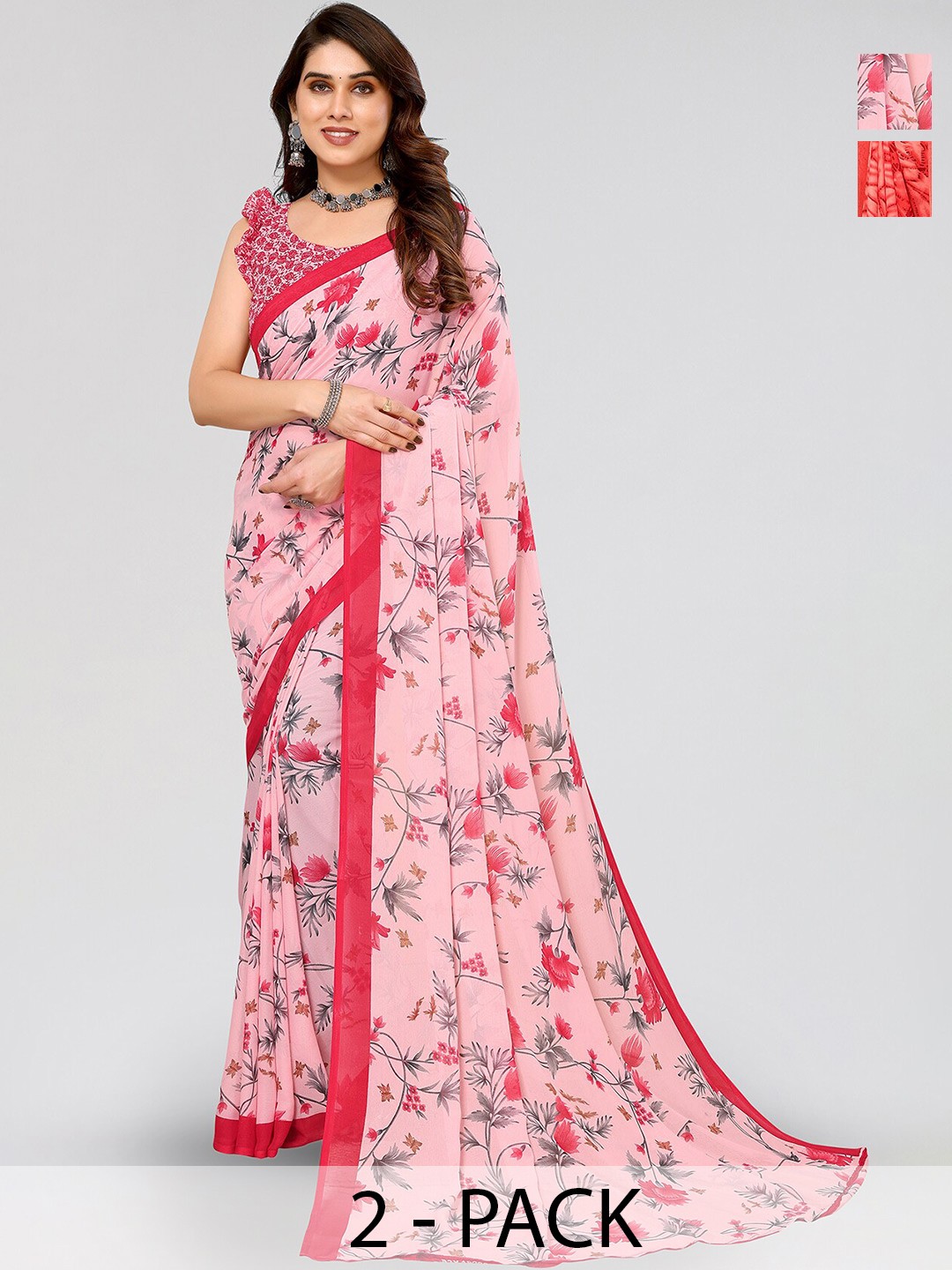 

ANAND SAREES Selection Of 2 Floral Printed Sarees, Peach