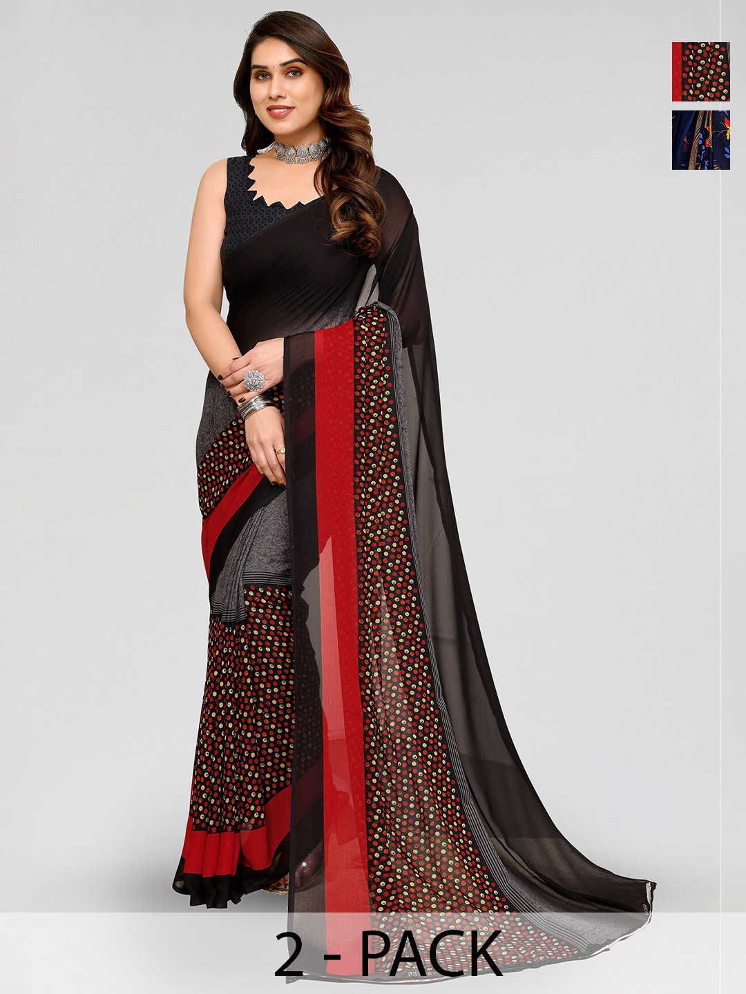 

ANAND SAREES Selection of 2 Floral Printed Sarees, Blue