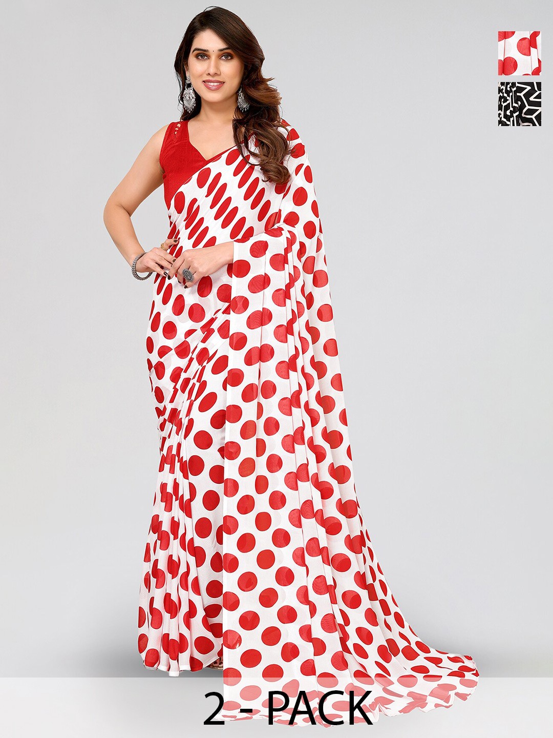 

ANAND SAREES Selection Of 2 Polka Dot Printed Sarees, White