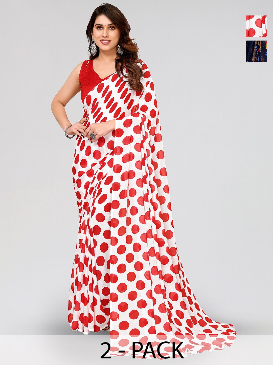 

ANAND SAREES Selection Of 2 Polka Dot Printed Saree, White