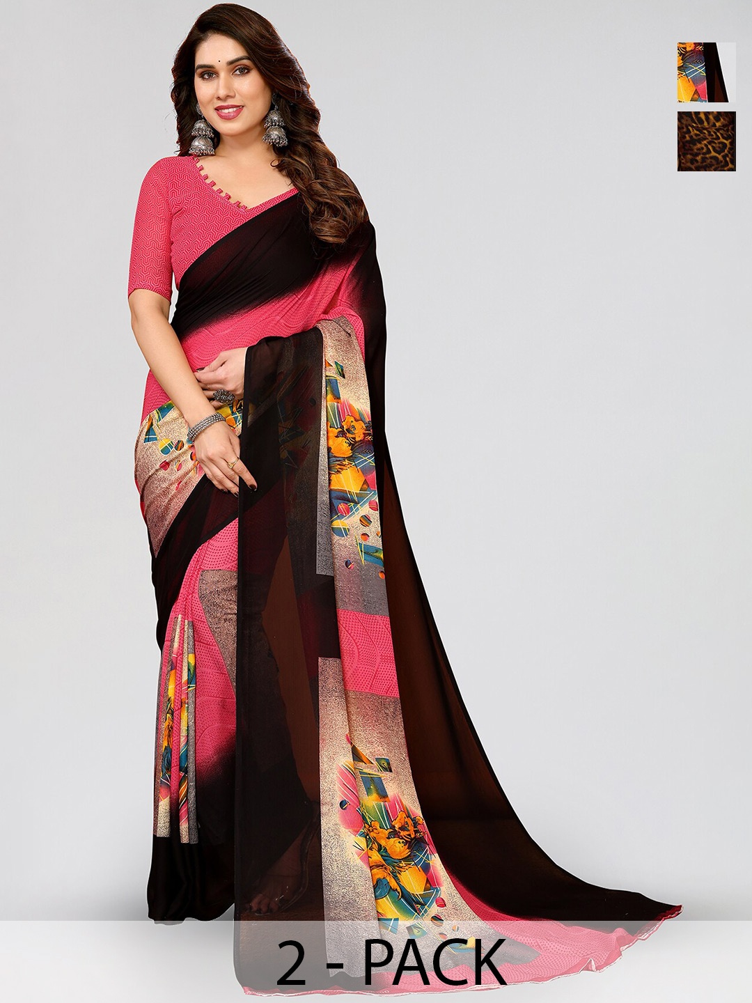 

ANAND SAREES Selection of 2 Floral Printed Sarees, Brown